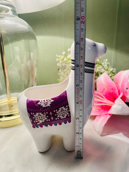 Vintage White Llama Planter with Purple Pattern, Approx. 7 in