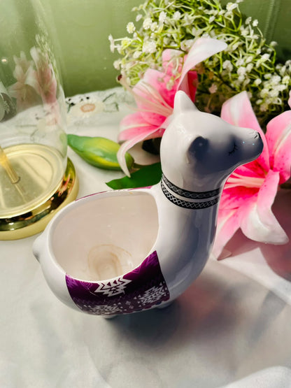 Vintage White Llama Planter with Purple Pattern, Approx. 7 in
