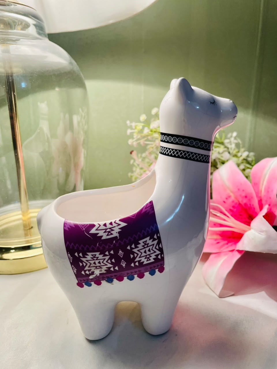 Vintage White Llama Planter with Purple Pattern, Approx. 7 in