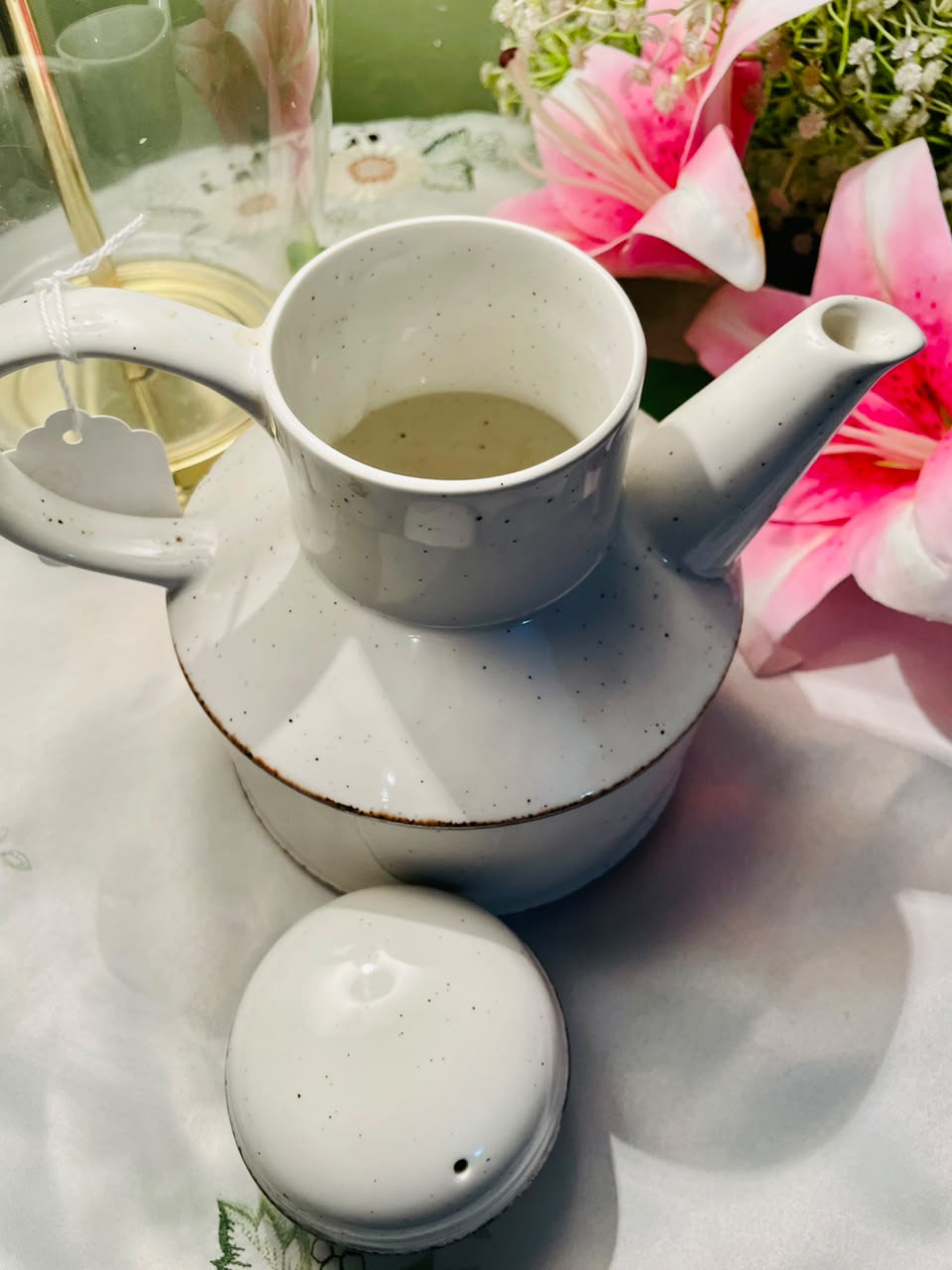 Vintage Speckled White Teapot with Lid, Approx. 6 in