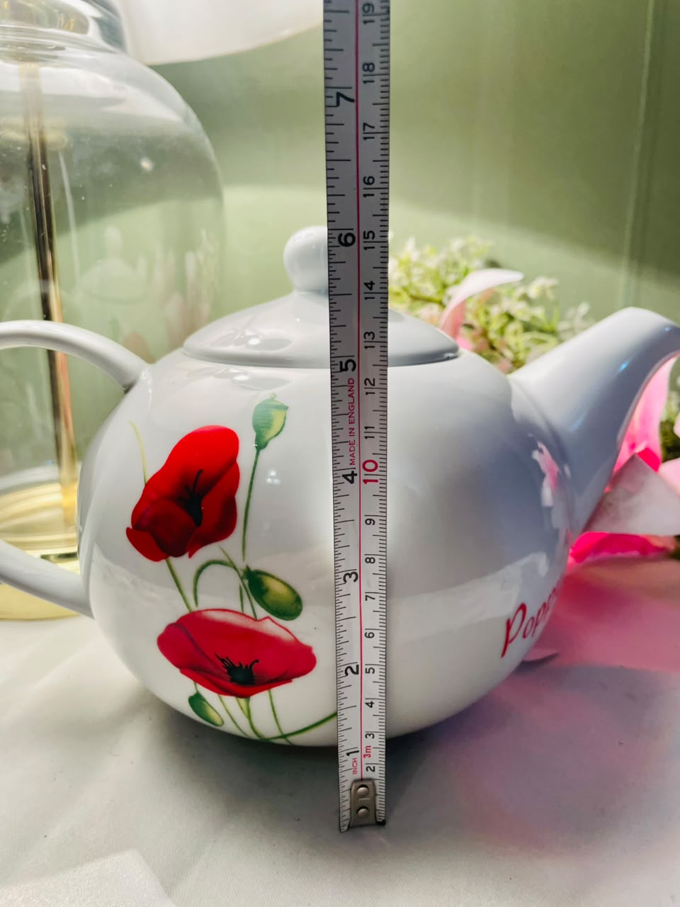 Vintage White Poppy Teapot with Lid, Approx. 9 in