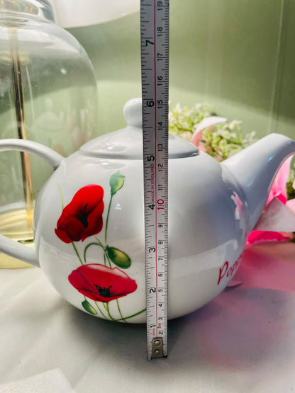 Vintage White Poppy Teapot with Lid, Approx. 9 in