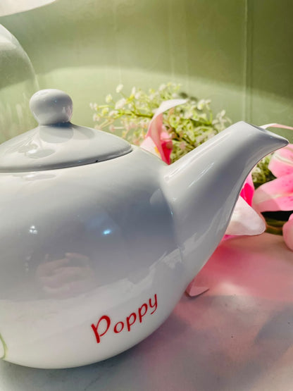 Vintage White Poppy Teapot with Lid, Approx. 9 in