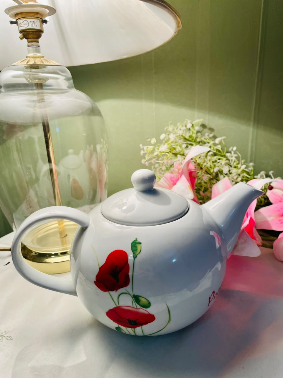 Vintage White Poppy Teapot with Lid, Approx. 9 in