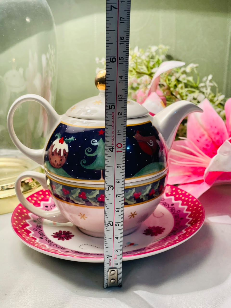 Hand Painted Arthur Wood Christmas Tea-for-One Set 3-Piece, Approx. 5.5 in