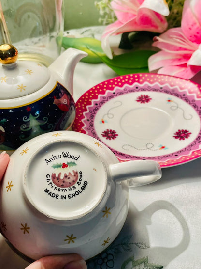 Hand Painted Arthur Wood Christmas Tea-for-One Set 3-Piece, Approx. 5.5 in