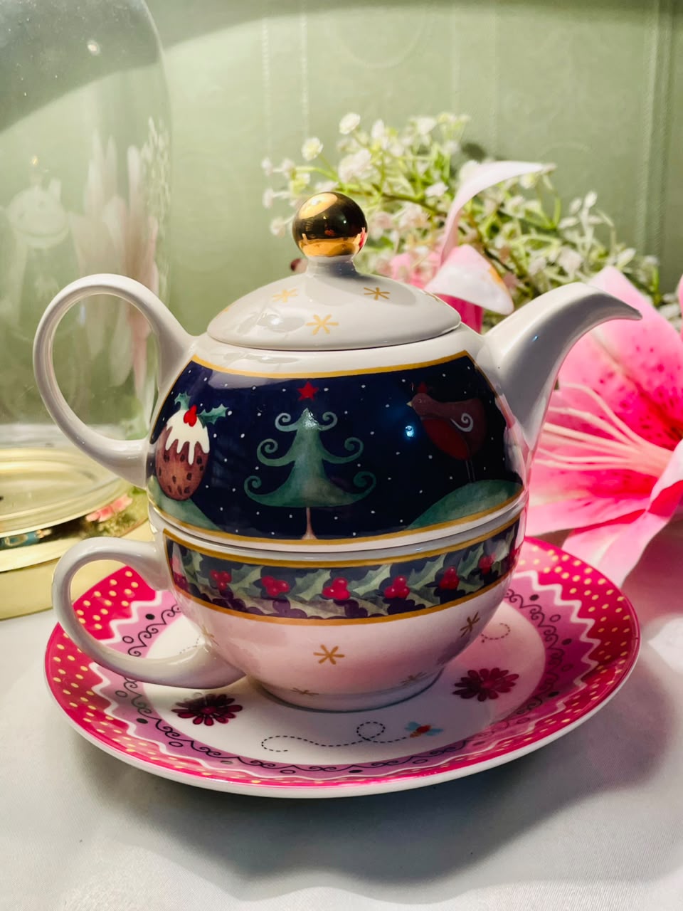 Hand Painted Arthur Wood Christmas Tea-for-One Set 3-Piece, Approx. 5.5 in