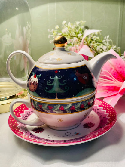 Hand Painted Arthur Wood Christmas Tea-for-One Set 3-Piece, Approx. 5.5 in