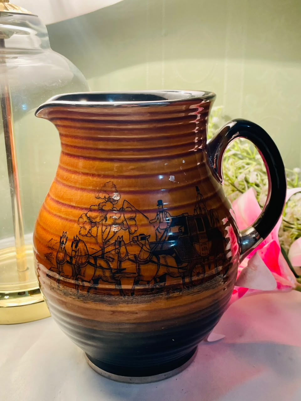 Vintage Arthur Wood Hunting Brown Coaching Scene Jug, Approx. 8.5 in