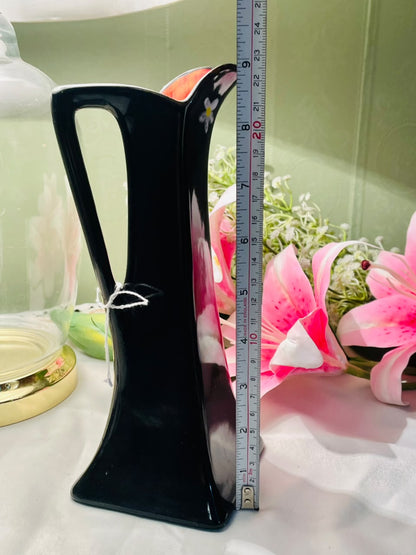 Vintage Hand Painted Black Floral Jug, Approx. 9 in