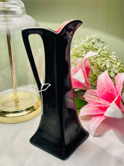 Vintage Hand Painted Black Floral Jug, Approx. 9 in