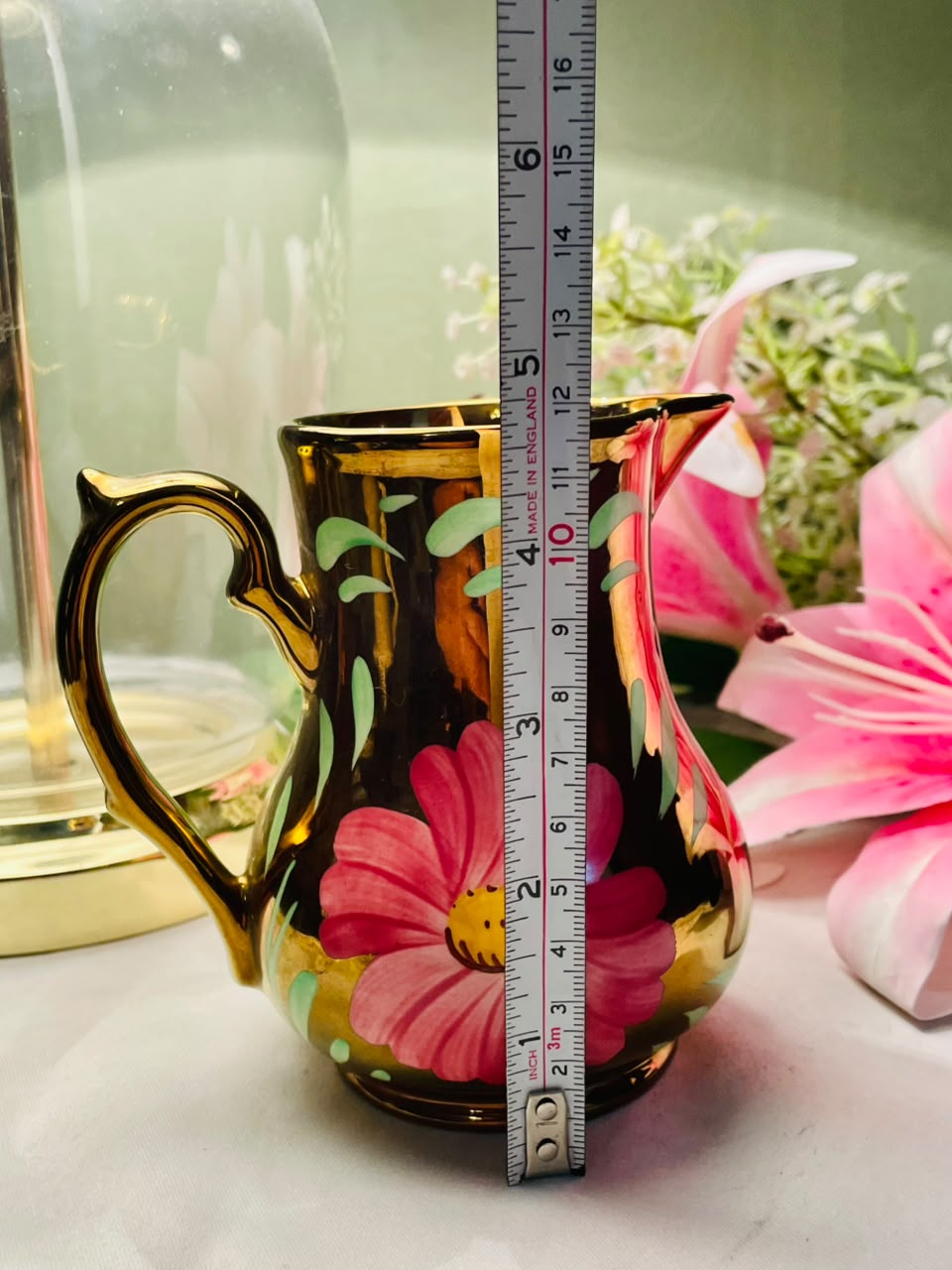 Vintage pink  Floral Jug with Gold Accents, Approx. 5 in