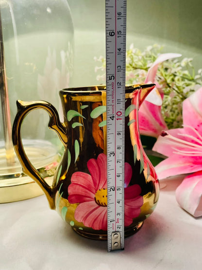 Vintage pink  Floral Jug with Gold Accents, Approx. 5 in