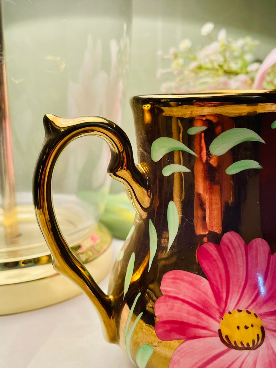Vintage pink  Floral Jug with Gold Accents, Approx. 5 in