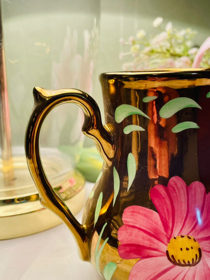 Vintage pink  Floral Jug with Gold Accents, Approx. 5 in