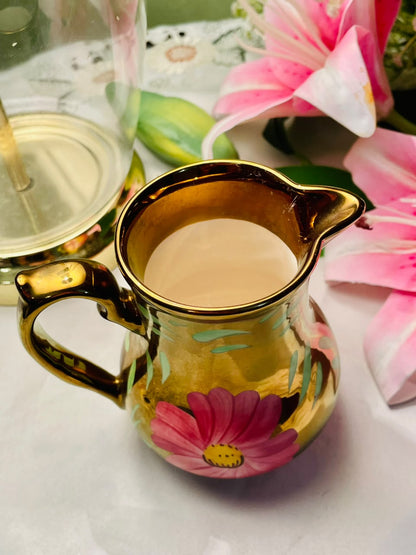Vintage pink  Floral Jug with Gold Accents, Approx. 5 in