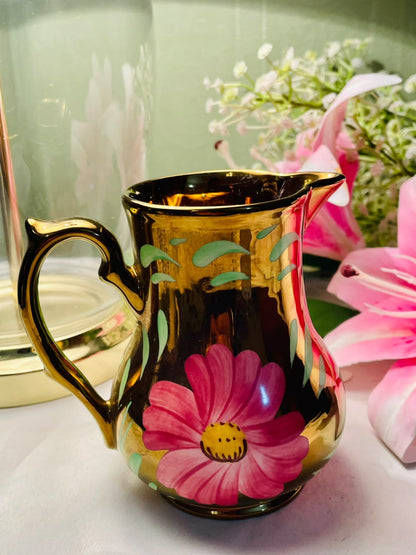Vintage pink  Floral Jug with Gold Accents, Approx. 5 in