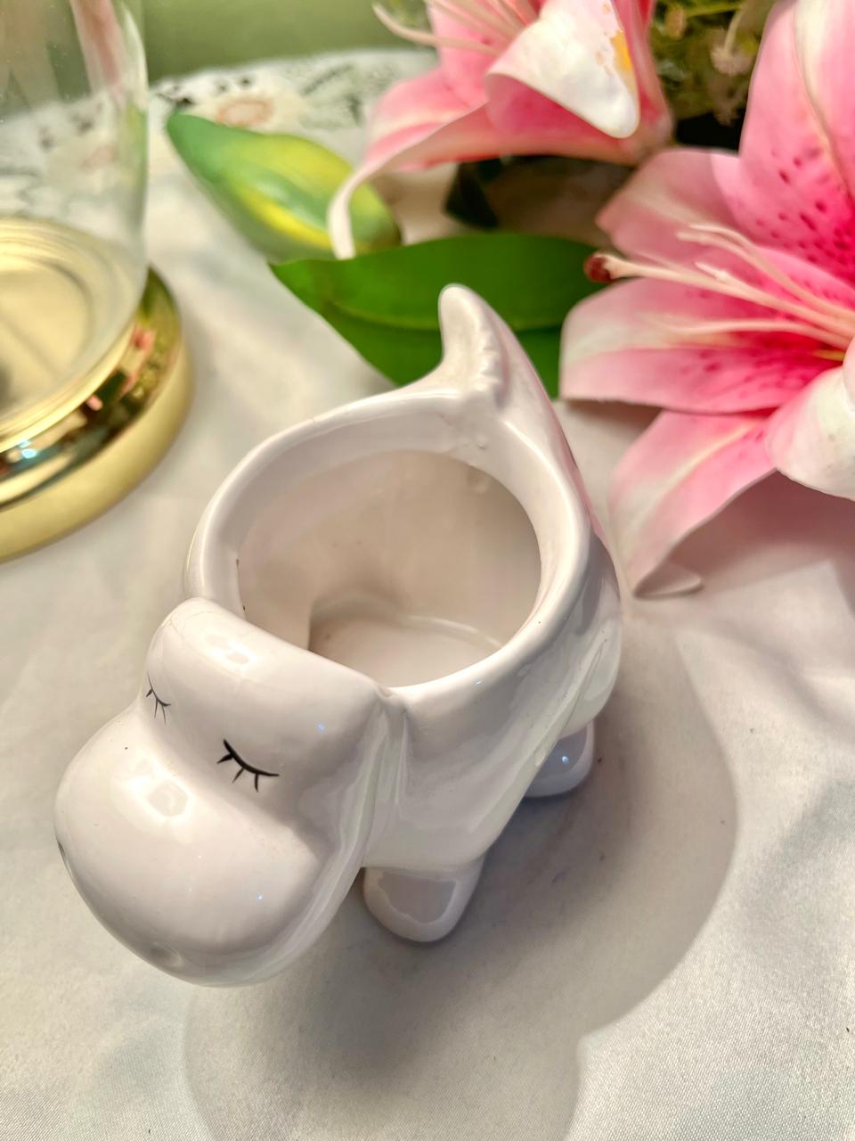 White Hippo-Shaped Ceramic Planter 3.5 Inch