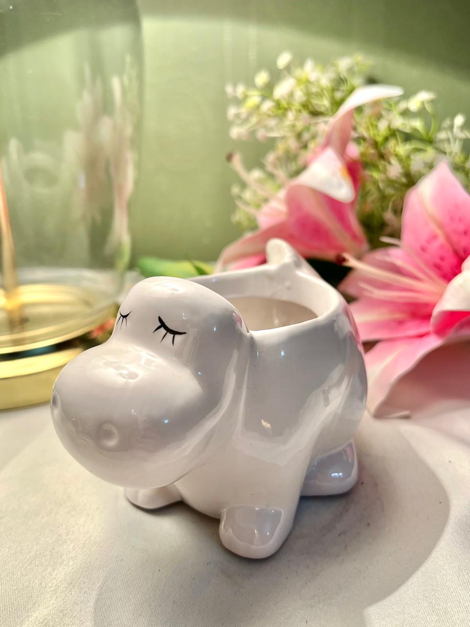 White Hippo-Shaped Ceramic Planter 3.5 Inch