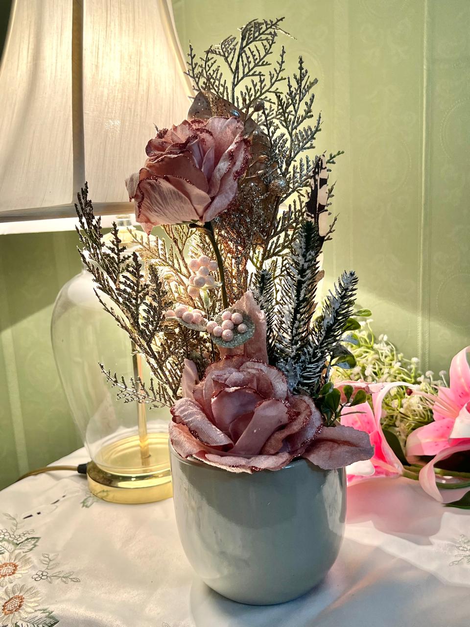 Vintage Floral Arrangement in Green Ceramic Planter