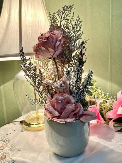 Vintage Floral Arrangement in Green Ceramic Planter