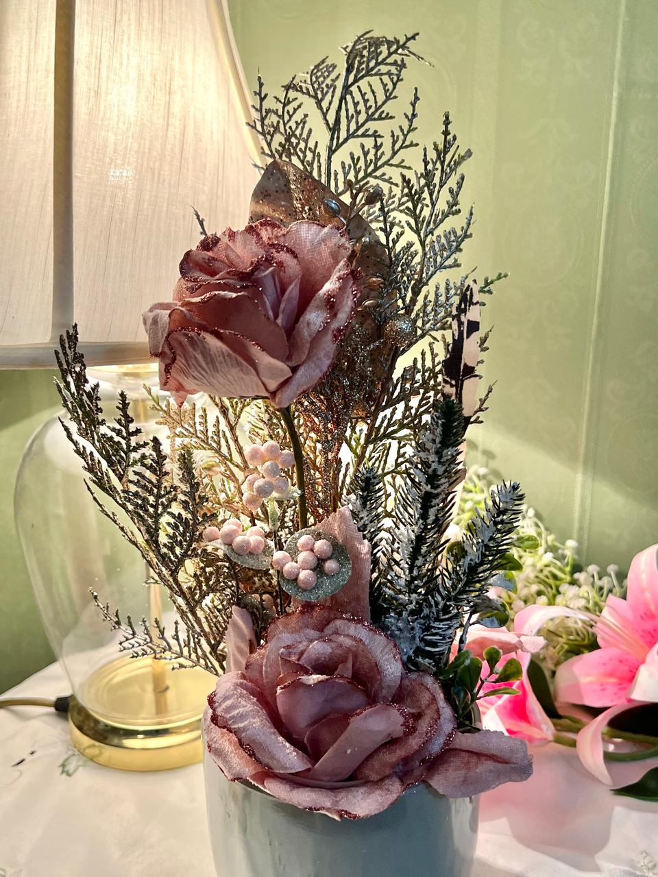 Vintage Floral Arrangement in Green Ceramic Planter
