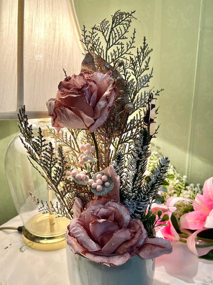 Vintage Floral Arrangement in Green Ceramic Planter