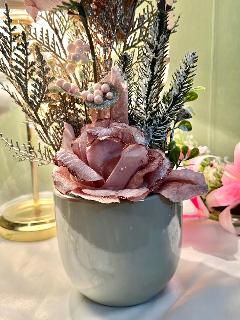 Vintage Floral Arrangement in Green Ceramic Planter