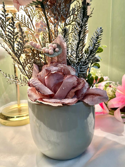 Vintage Floral Arrangement in Green Ceramic Planter