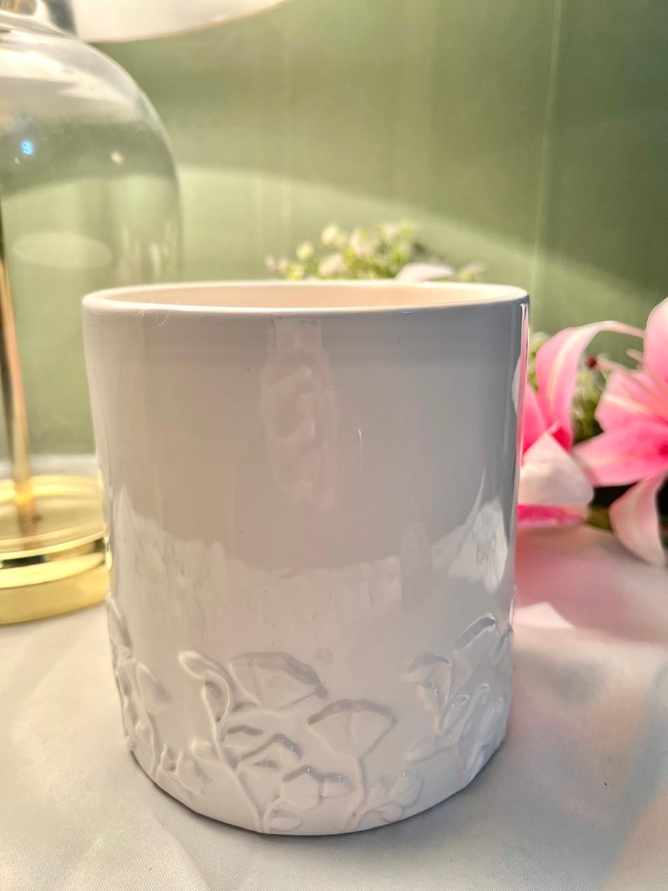 White Embossed Ceramic Planter 5 Inch
