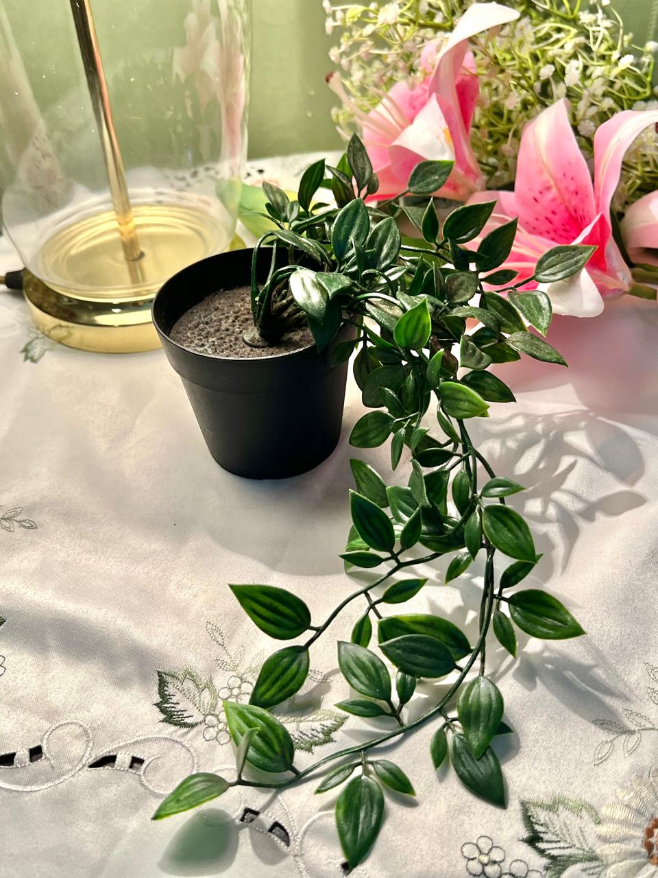 Faux Trailing Green Plant in Black Planter, Approx. 12 in