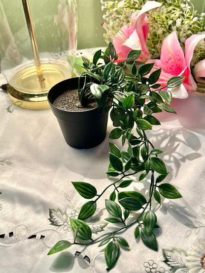 Faux Trailing Green Plant in Black Planter, Approx. 12 in