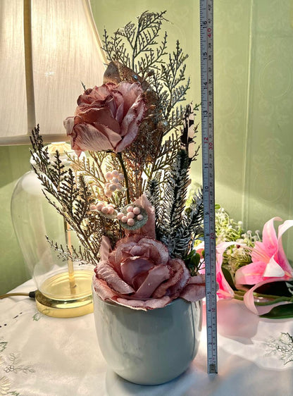 Vintage Floral Arrangement in Green Ceramic Planter