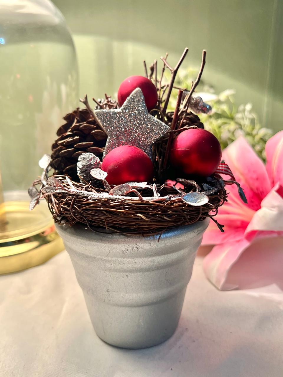 Festive Pinecone & Red Bauble Arrangement in Grey Planter, 7 in