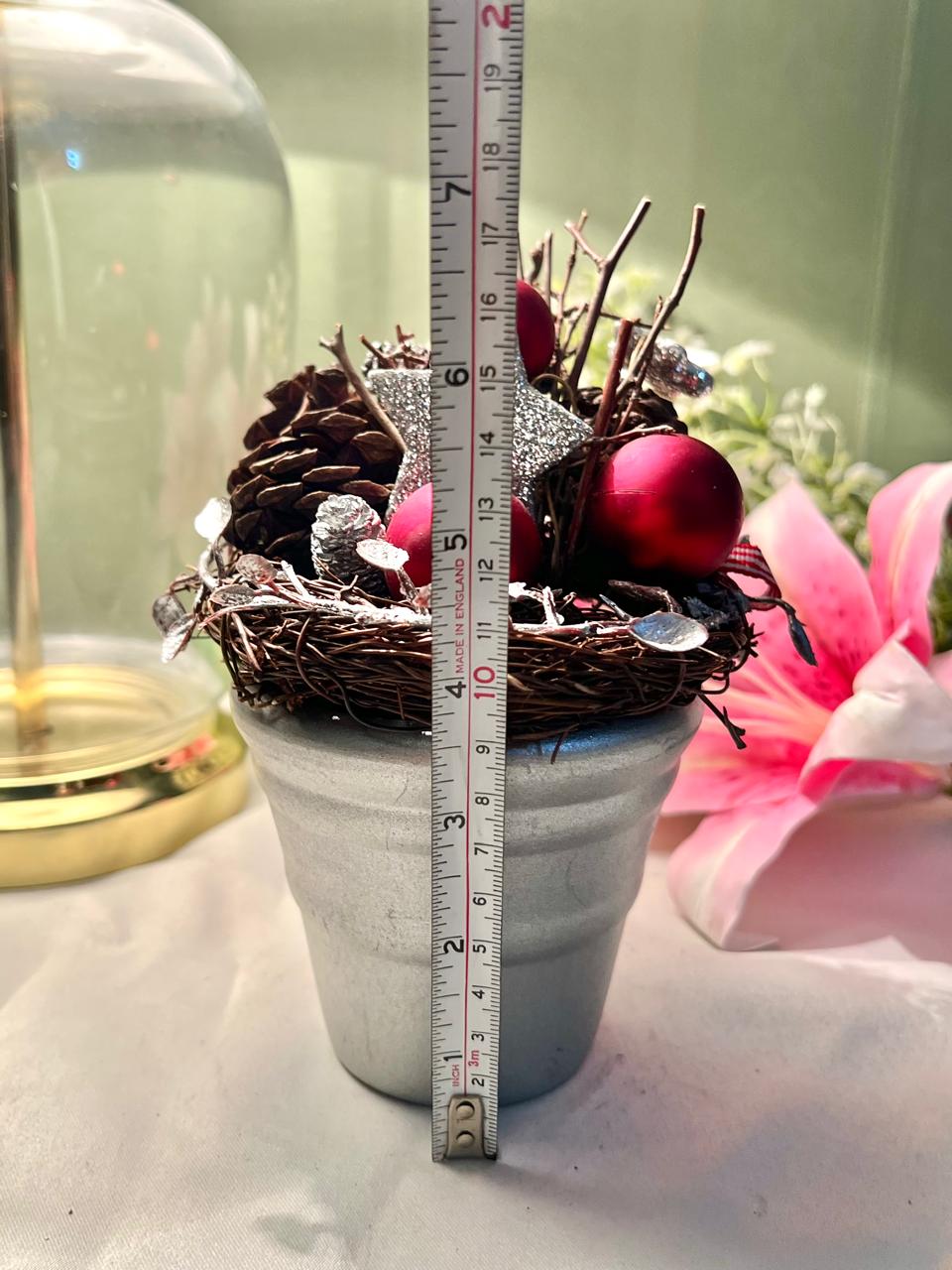 Festive Pinecone & Red Bauble Arrangement in Grey Planter, 7 in