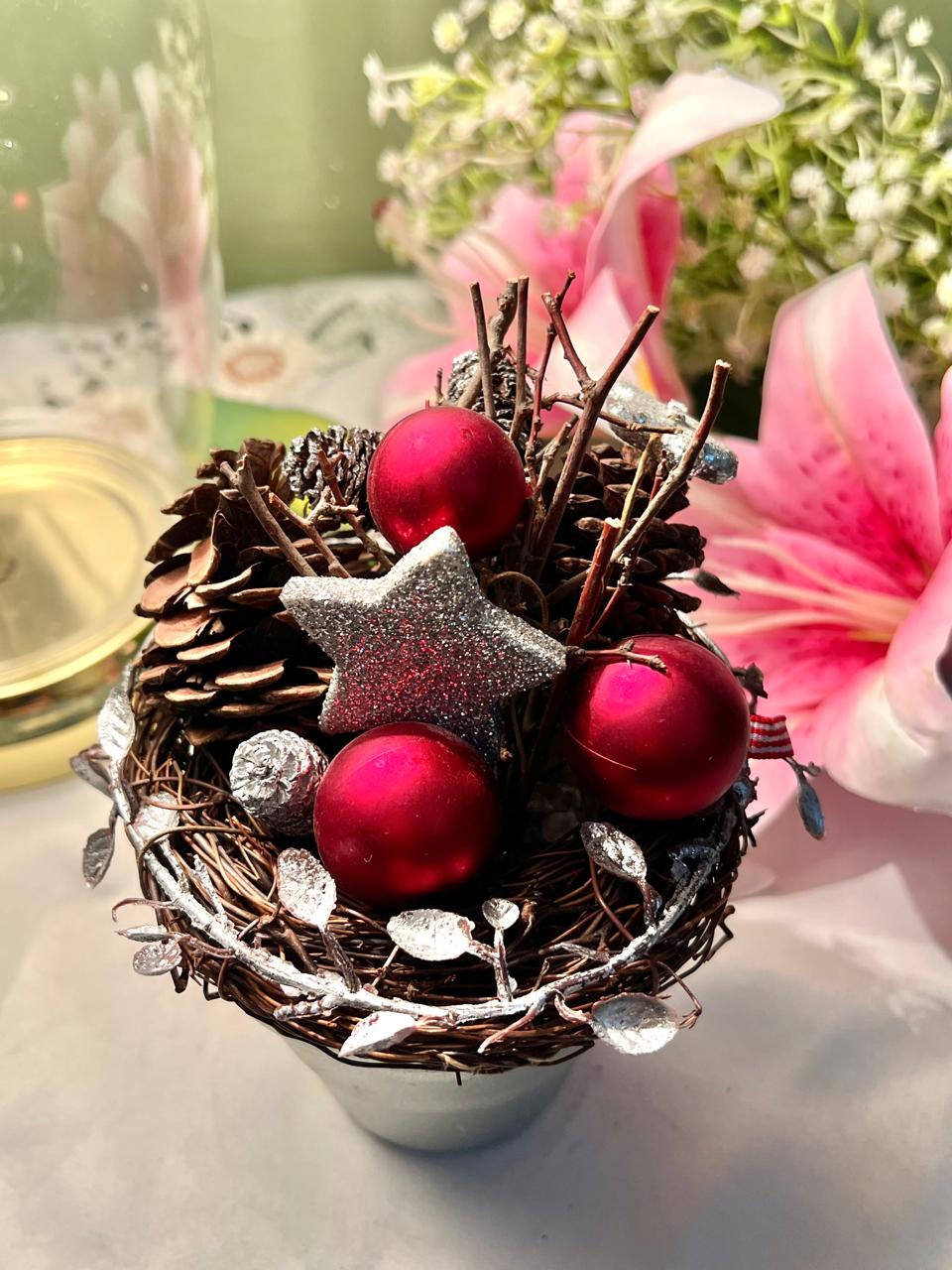 Festive Pinecone & Red Bauble Arrangement in Grey Planter, 7 in