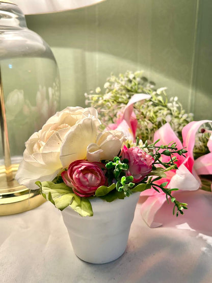 Pink & Ivory Faux Floral Arrangement in White Planter, 6 in
