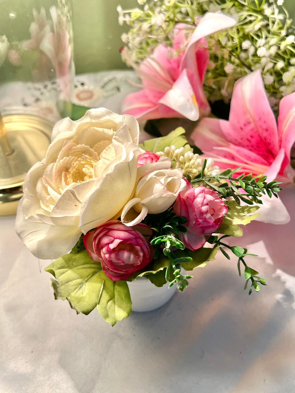 Pink & Ivory Faux Floral Arrangement in White Planter, 6 in