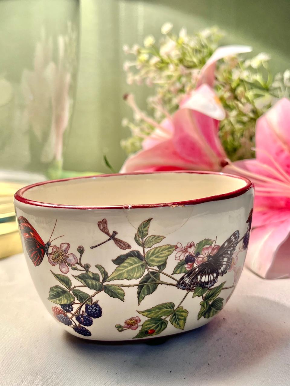 Vintage Floral Ceramic Planter with Red Rim, Approx. 4 in