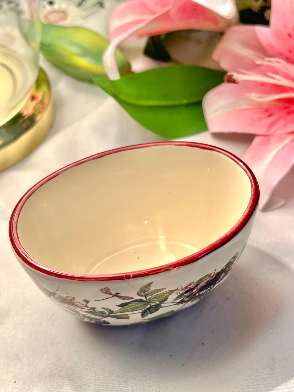 Vintage Floral Ceramic Planter with Red Rim, Approx. 4 in