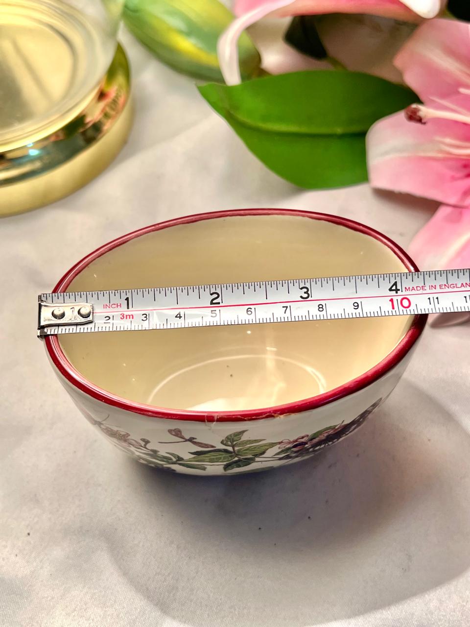 Vintage Floral Ceramic Planter with Red Rim, Approx. 4 in