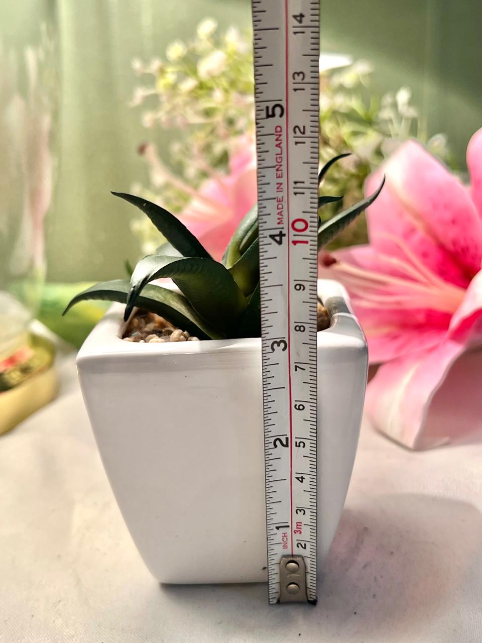 Faux Green Succulent in White Square Planter, Approx. 4.5 in