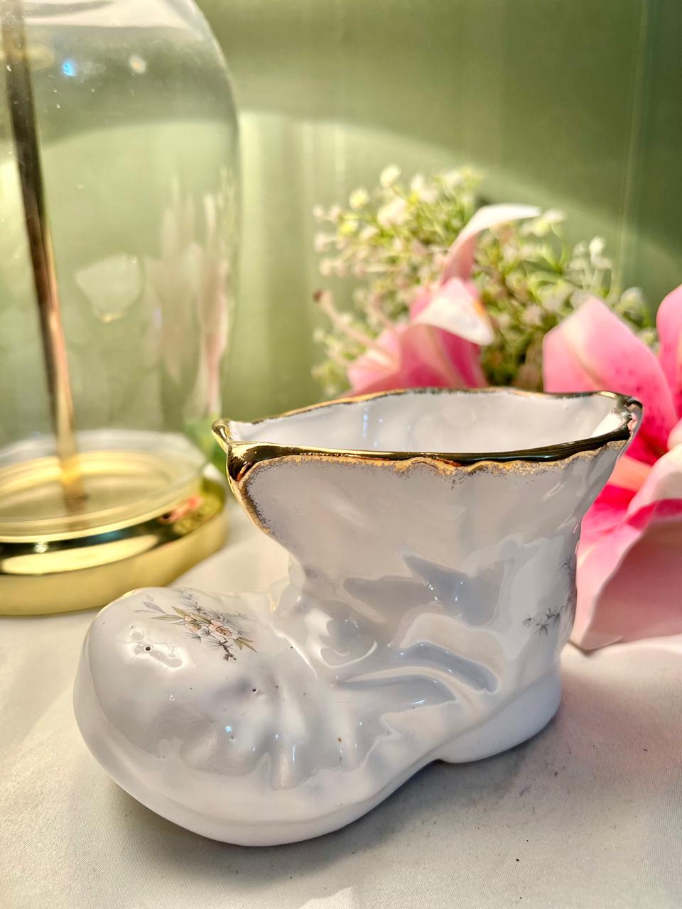 White Ceramic Boot Planter with Gold Trim & Floral Detail