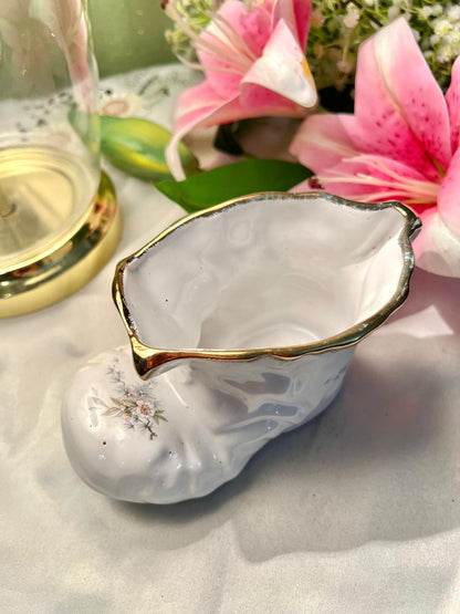 White Ceramic Boot Planter with Gold Trim & Floral Detail
