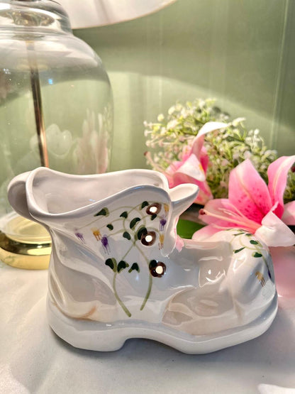 White Ceramic Boot Planter Floral Detail 5 in