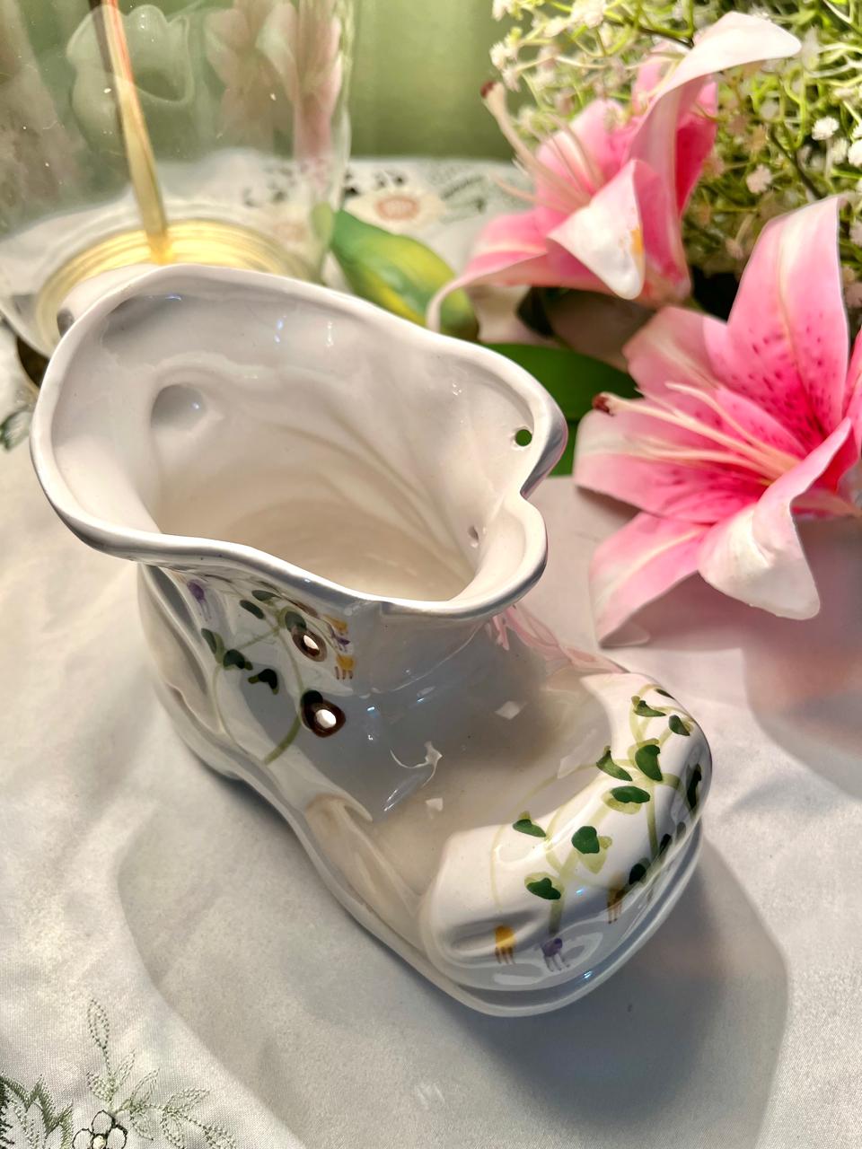 White Ceramic Boot Planter Floral Detail 5 in
