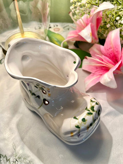 White Ceramic Boot Planter Floral Detail 5 in