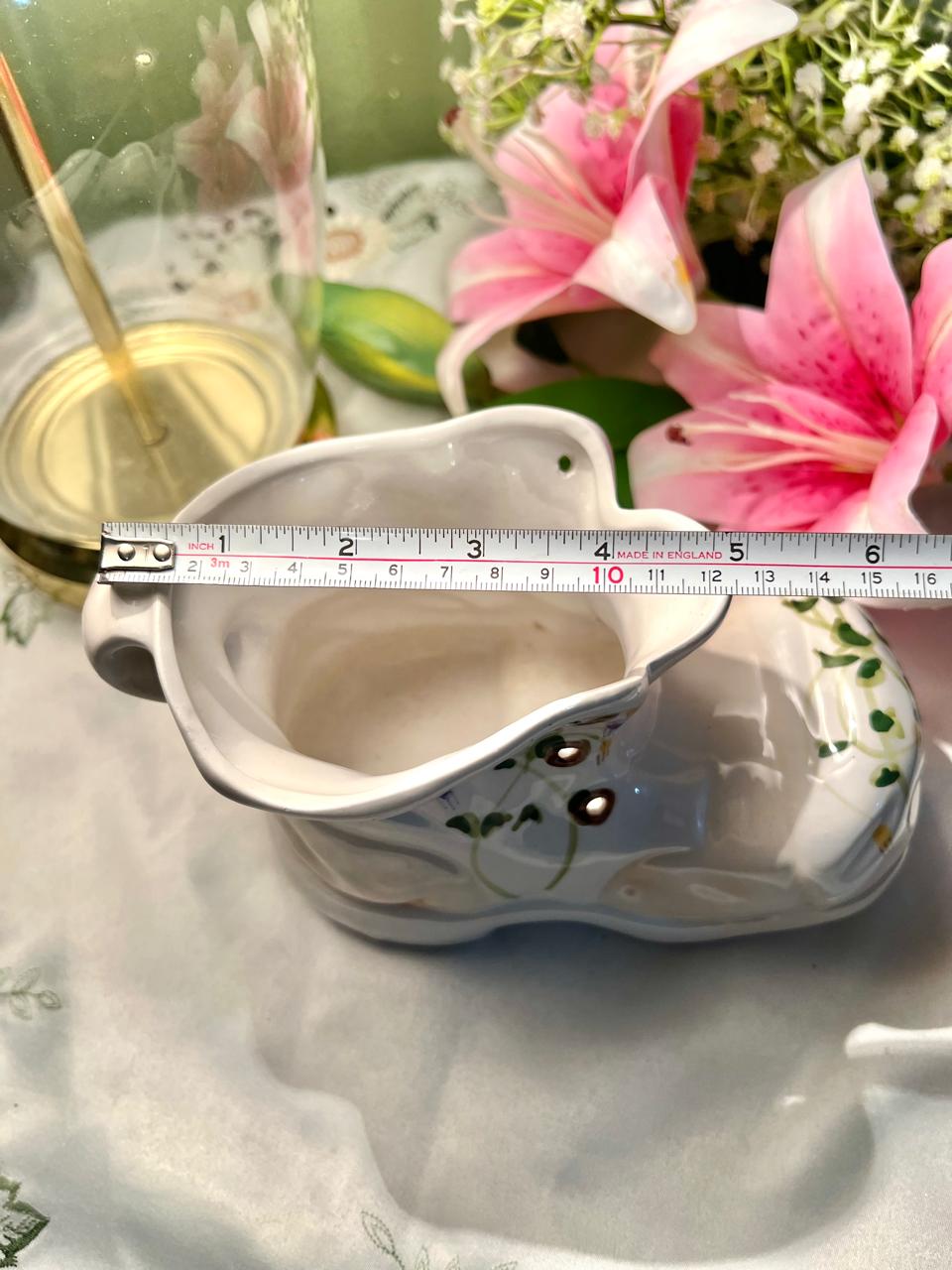 White Ceramic Boot Planter Floral Detail 5 in