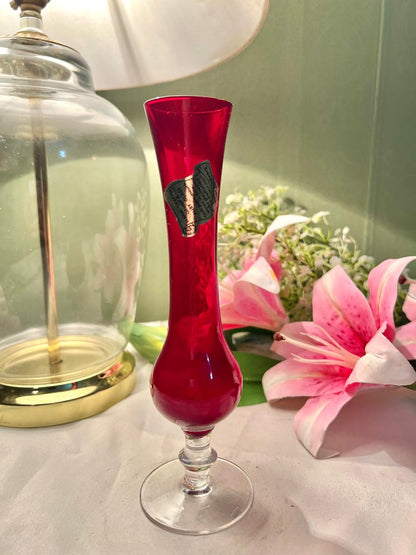 Vintage Ruby Red Stemmed Bud Vase, Approx. 8 in