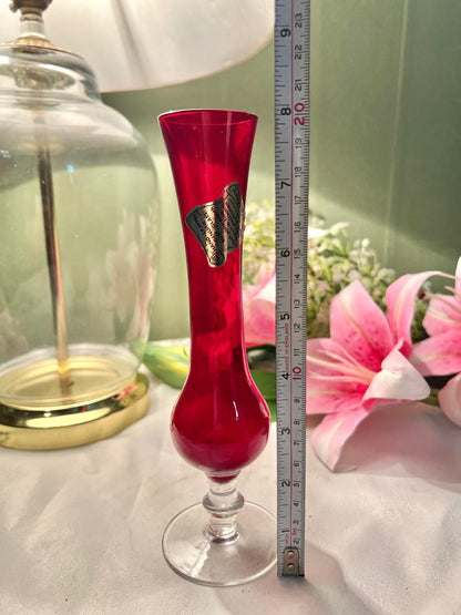 Vintage Ruby Red Stemmed Bud Vase, Approx. 8 in